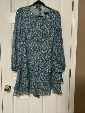MSK Teal Abstract Tiered Long Sleeve Dress